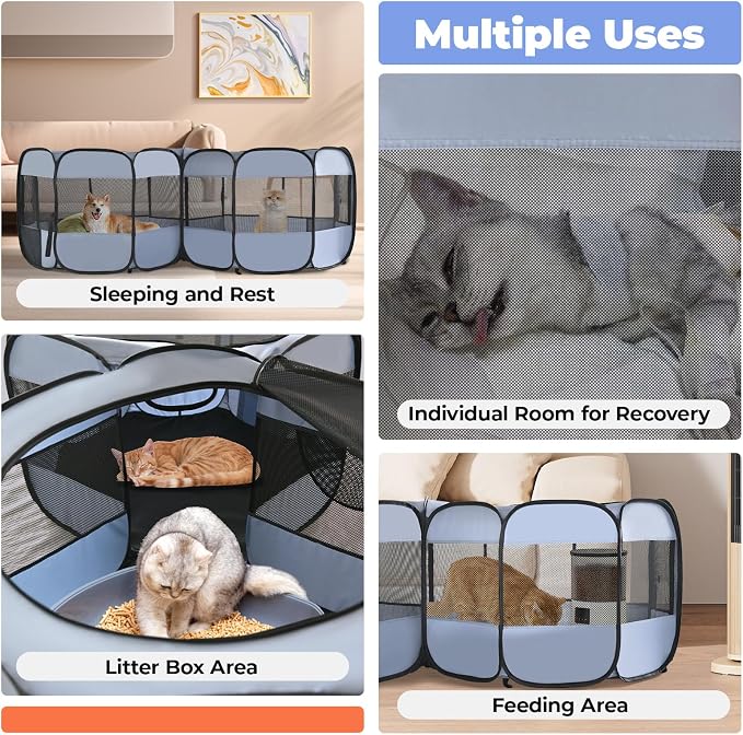 2-in-1 XLarge Portable Cat Playpen Assembly-Free for Indoor Cats Enclosed Pop Up Dog Play Pen Outdoor Puppy Pet Tent Crate House Condo Kitten Kennel Small Animals Cage(No Divider, Unified Space)