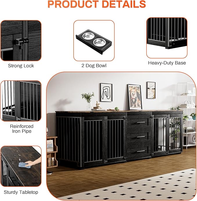 Rophefx 94.5" Dog Crate Furniture for 2 Dogs, Wooden Kennel TV Stand,Black | Indoor double dog house with 3 storage drawers, 4 feeding bowls, lockable doors, and a wide top for large and medium dogs