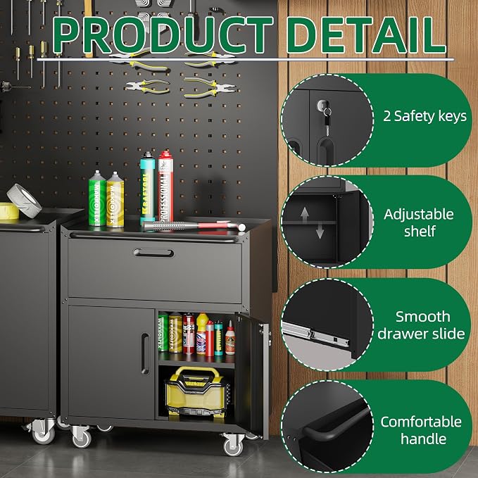 Metal Garage Storage Cabinets System, 7-Pcs Workshop Tool Cabinet Set,Black | Including 3 Pcs Wall Cabinets 4 Pcs Garage Tool Cabinets with Wheels,Assembly Required
