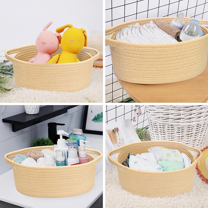 ABenkle Small Basket with Handles, Boho Decorative Rope Woven Dog Cat Toy Storage Bin Shelf Storage Organizer, Easter Christmas Gift Basket, 12"x8"x5"