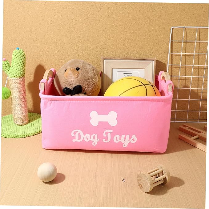 Ipetboom Pink Felt Pet Storage Box with Handles Organizer for Dog Accessories and Items Compact and Portable Basket for Household Use