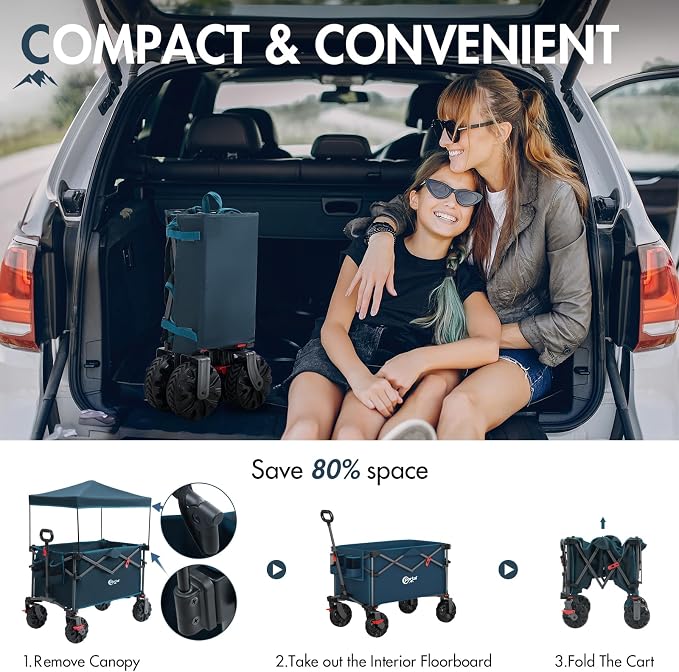 Portal 350L Collapsible Wagon Cart with Removable Canopy, 270LB Cart Blue | Collapsible Wagon Cart with Removable Canopy Folding with Rear Door for Pet, Camping, Beach, Sports and Outdoor Adventures