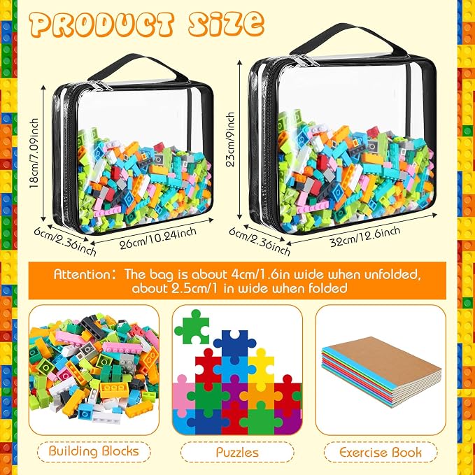 Sanwuta 6 Packs Toy Storage Bags with Zipper,Large, Small,Clear | Clear Waterproof Games Storage， Large Portable PVC Container， Reusable Organizer for Board Games, Building Blocks, Puzzles