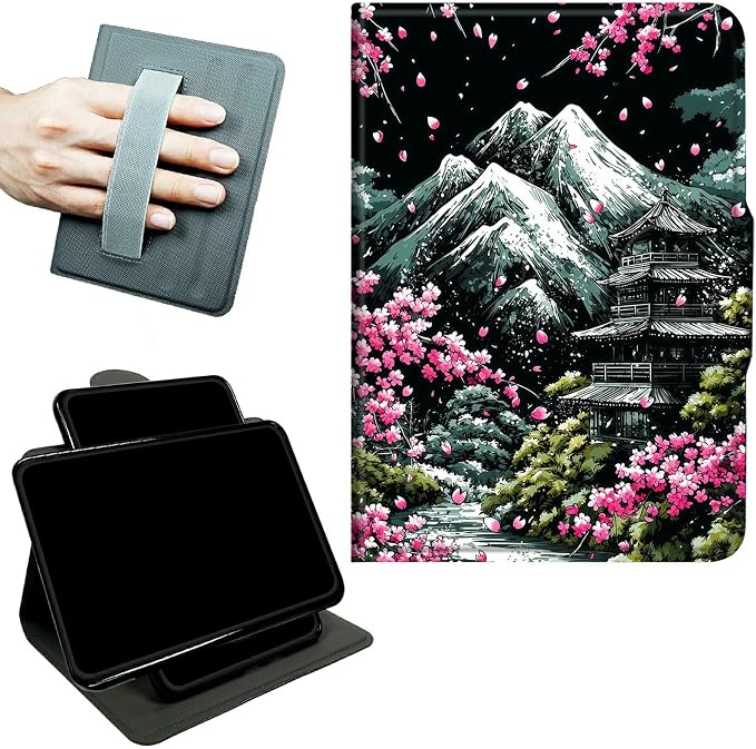 Rotating Handle Case for Samsung Galaxy Tab S8 Plus 2022/S7 FE 2021/S7 Plus 2020 12.4", 360 Degree Swivel Kickstand with Magnetic Closure Leather Cover, Sakura Dark Mountain Range