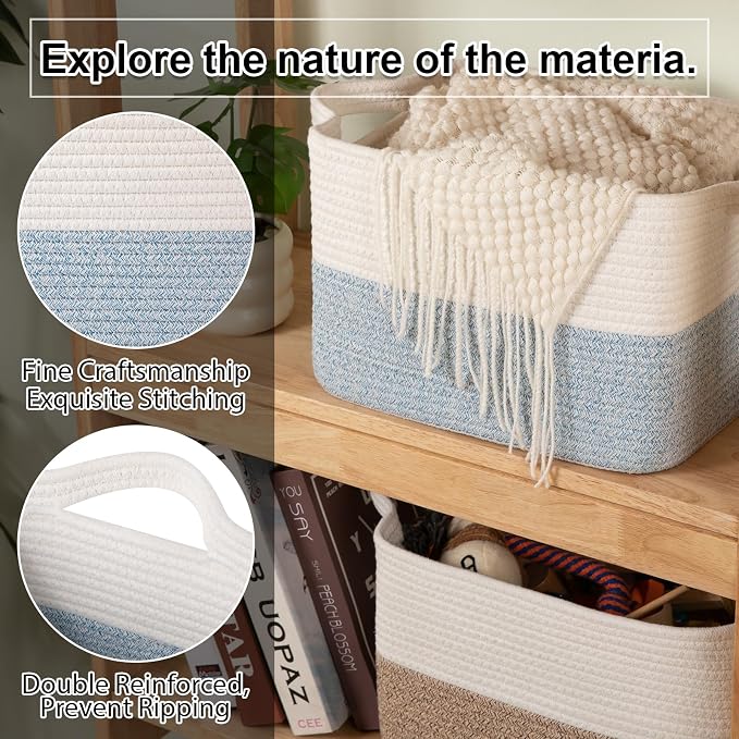 OIAHOMY Woven Storage Basket for Shelves, Rectangle Cotton Rope Baskets for Organizing, 13 x 10 x 9 in, Storage Bins for Dog Toys,Towel,Books,Gift,Blue and White