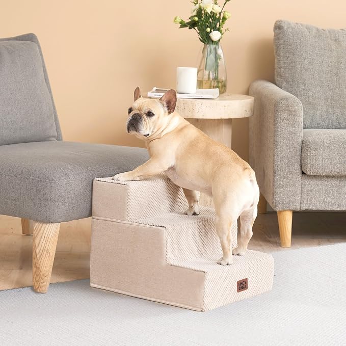 EHEYCIGA Dog Stairs for Small Dogs 13.5" H, 3-Step Dog Steps for Cats, Beige