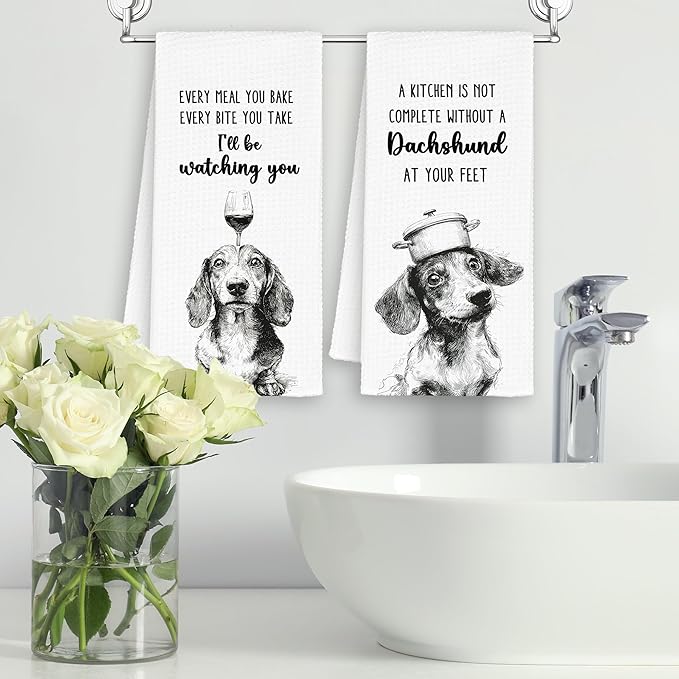 Funny Dog Dachshund Kitchen Towels Set of 2, A Kitchen Is Not Complete Hand Towels Decor for Bathroom, Cute Dish Towel Gifts for Dog Lovers,Rustic Tea Bar Waffle Towel for Dining Room 16x24in