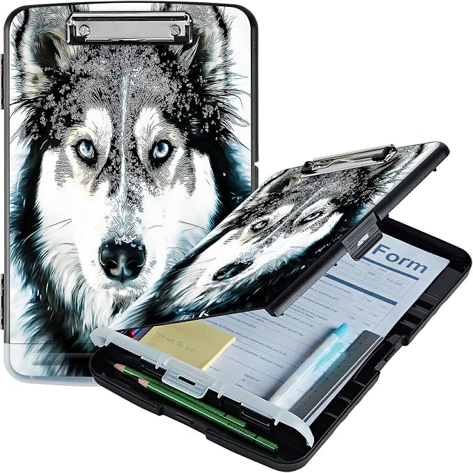 A4 Clipboard with Storage Pen Holder, Clipboards Organizer Nursing Clipboard Foldable File Folder Plastic Clipboard Folio Clip Board for Office Work Classroom Doctor, Huskies in Snow