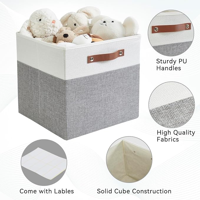 13x15x13 Storage Cube Bins, Foldable Storage Organizer Baskets, Fabric Cube Storage Boxes with 2 Reinforced PU Handles for Kallax, Shelves, Living Room | 4 Pack, Gray & White