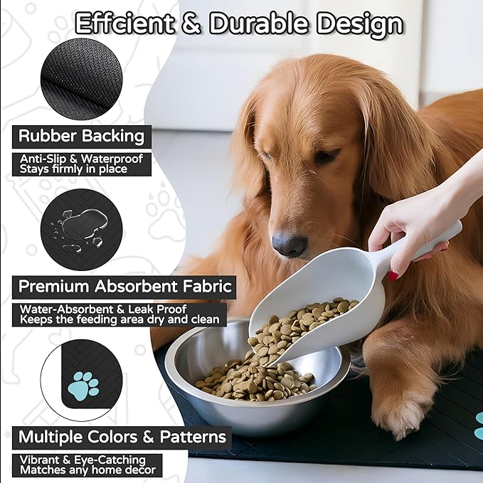 Pet Feeding Mat-Absorbent Dog Feeding Mat for Food and Water Bowl,No Stains Pet Placemat,Quick Drying Water Dispenser Mat for Dog and Cat,Easy to Clean Dog Accessories(M,Black Blue Paw)