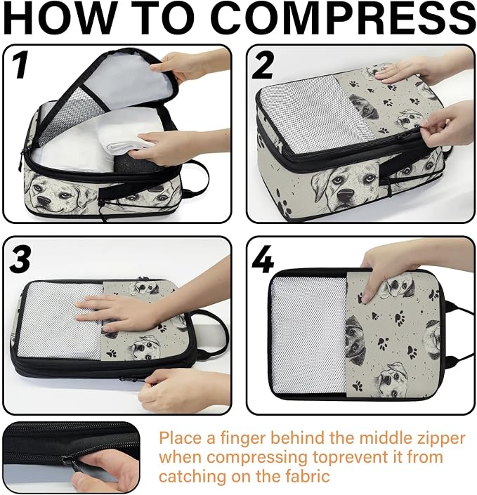 Cute Puppy Dogs 6 Set Compression Packing Cubes | Paw Print Travel Accessories Expandable Packing Organizers Space Saver Bags for Organizing Clothes