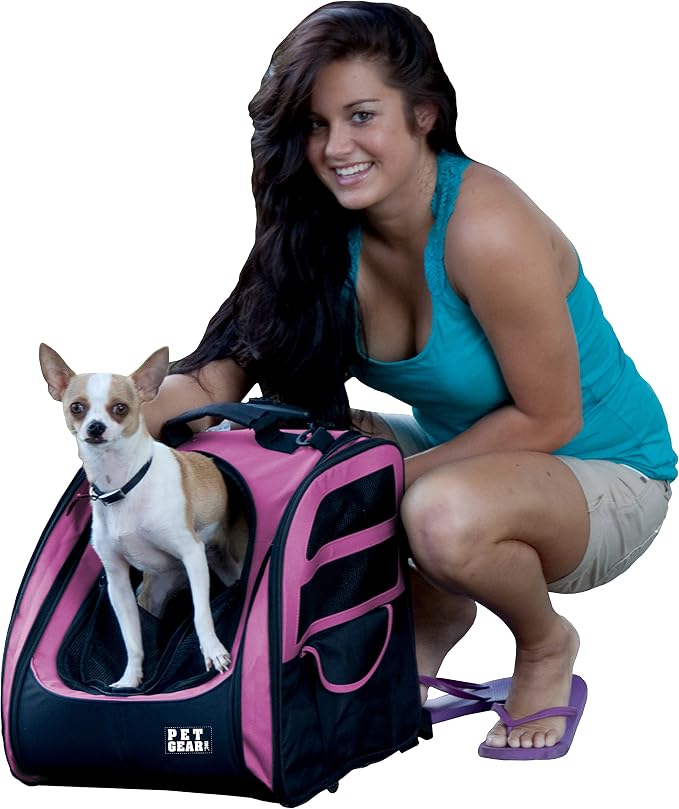 Pet Gear I-GO2 Traveler Roller Backpack, Travel Carrier, Car Seat for Cats/Dogs, Mesh Ventilation, Included Tether, Telescoping Handle, Storage Pouch, Pink