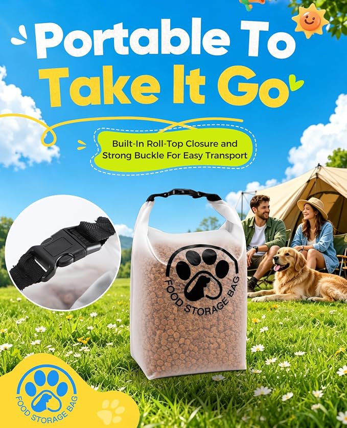 Pet Food Storage Bag for Travel - Transparent Leak-Proof Dog Food Container with Roll-Top Closure, Keeps Kibble Fresh for Camping Trip, Dog Boarding, Weekend Getaways (14 Cups)