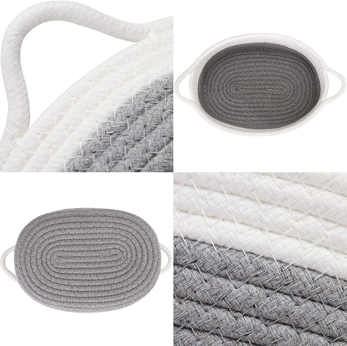 Sea Team 2-Pack Compact Woven Cotton Rope Storage Baskets, Gray | Knitted Decorative Organizer Bins with Handles, Portable Oval Containers for Small Items, Keys, Makeup, Jewelry, Trinkets
