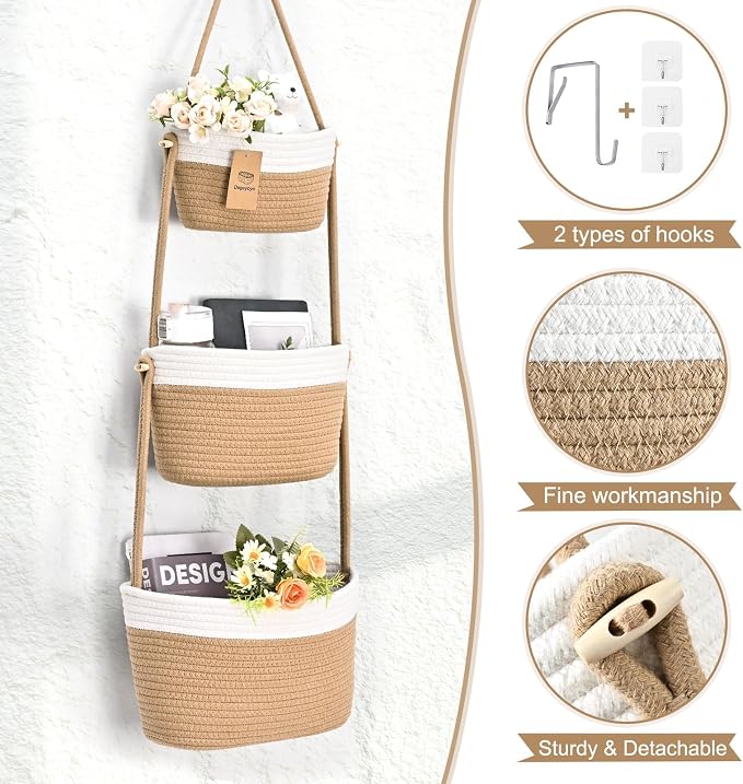 Hanging Basket, 3-Tier Woven Wall Basket with 4 Hooks, Cotton Rope Storage Baskets, Over the Door Organizer for Nursery, Bedroom, Cottage and Boho Wall Decor