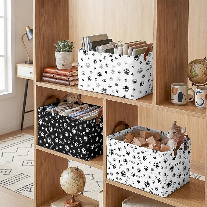 Britimes Dog Paw Storage Baskets for Gifts, Toy Storage Bins Box, 3 Pcs | Puppy Dog Canvas Collapsible Baskets Organizer with Handles Cute Nursery Decor Laundry Basket for Shelves Closet