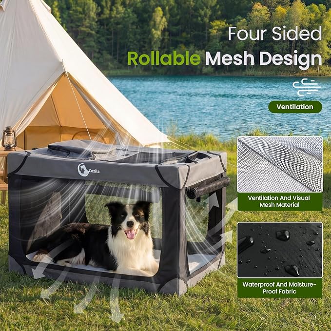 Portable Collapsible Soft Dog Crate for Medium Dogs, 30in Black | Oxford Cloth Travel Camping dog kennel with 4 Mesh Windows & 2 Storage Pockets,for Indoor & Outdoor Use