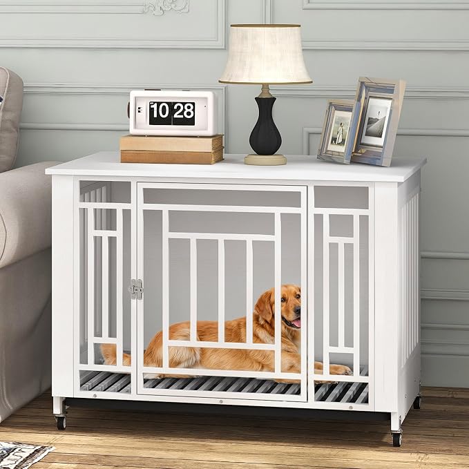 DWVO 38 Inch Dog Crate Furniture with Wheels & Removable Tray | Dog Kennel Indoor Heavy Duty End Table for Large Medium Dogs, Decorative Wooden Dog Cage Table, Chew-Resistant, White