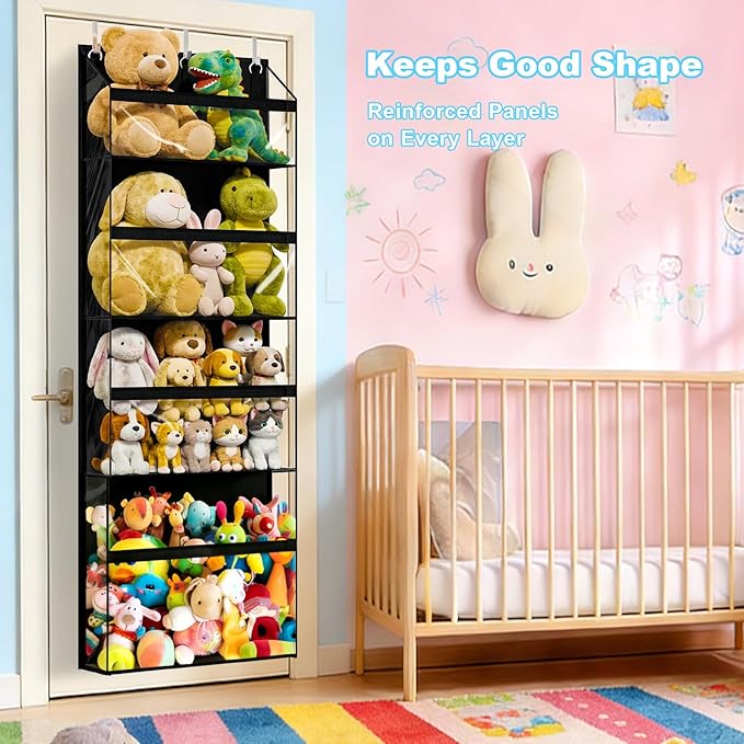 Heavy Duty Stuffed Animal Storage, 4-Tier Clear Extra Large Over The Door Organizer for Stuffies, Baby Ideas Holder, Toy Plush Hanging Organizer Big Girls Toddler Bag Animals Stuffy, Black