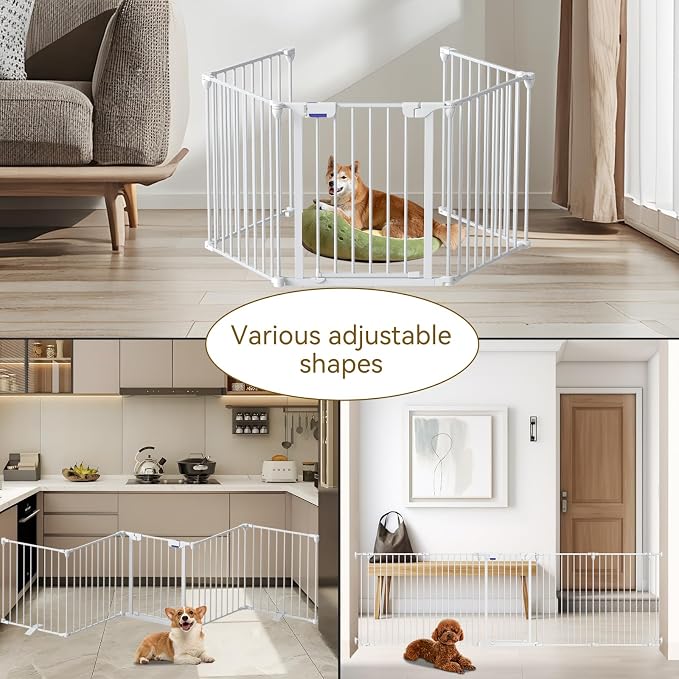 Kfvigoho Dog Gate 27.5"-129" Extra-Wide Playpen, Freestanding Pet Gate | Puppy Fence with Auto-Close Door, Double Locking System for Fireplace, Foldable White, 5 Panels