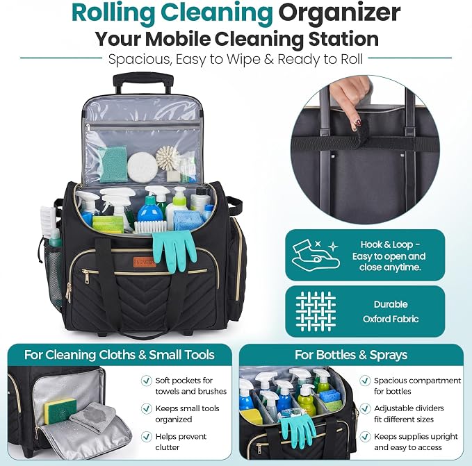INSMEER Cleaning Caddy with Wheels,3 Removable Clear Bag and 1 Shoulder Bag | Large Cleaning Cart on Wheels,Water Resistant Cleaner Supplies Organizer with Wheels for Kitchen, Tool Organizer