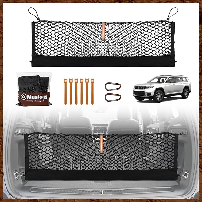 Muslogy Cargo Net for 2021-2025 2026 Jeep Grand Cherokee L (3-Row GCL) | Custom Fit, Trunk Storage Organizer Net for SUV Sedan Van Divider, with Heavy Duty Carabiners, Night Visible Grab Handle