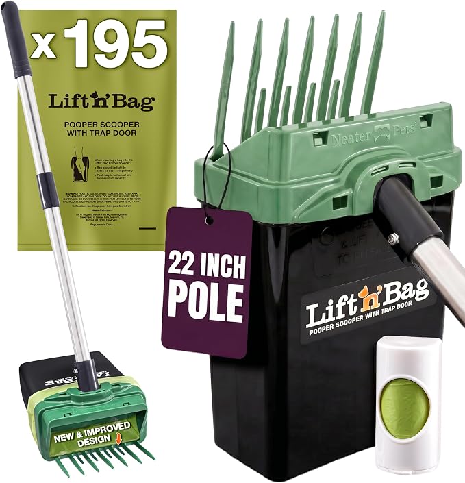 Neater Pet Brands Lift N’ Bag 2.0 Dog Pooper Scooper with Bag Attachment & 22" Pole for Small to Large Dogs, New & Improved Design, 195 Refill Bags, Heavy Duty Dog Poop Scooper for Yard, One-Hand Use