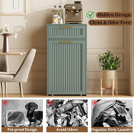 13 Gallons Pull Out Trash Can Cabinet, Hidden Trash Can, Green | Fluted Kitchen Trash Cabinet with Drawer, Freestanding Garbage Pet Proof Trash Can Holder for Laundry, Living Room