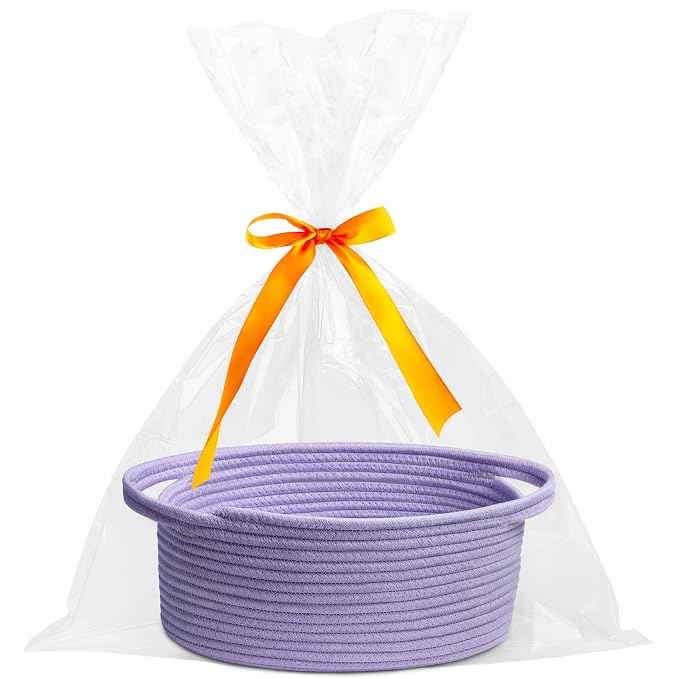 Pro Goleem Small Woven Basket with Gift Bags and Ribbons Durable Baskets for Gifts Empty Small Rope Basket for Storage 12"X 8" X 5" Baby Toy Basket with Handles, purple
