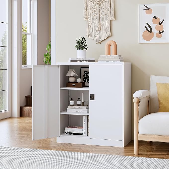 Metal Storage Cabinet, Lockable Storage Cabinet with 2 Doors and Shelves, Metal Cabinet with Lock, Small Lockable for Home Office(White)