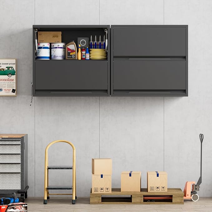 Garage Wall Cabinet, 25.6" H Metal Wall Cabinet with 2 Up-Flip Door | Wall Mounted Metal Storage Cabinet, Upper Cabinet for Kitchen,Garage,Workshop,Warehouse, Assembly Required, Black