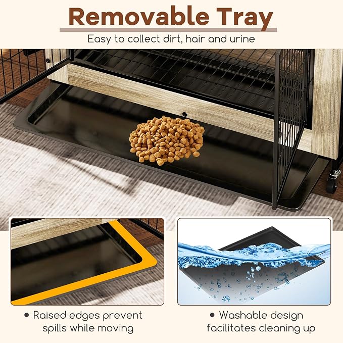PETSITE Portable Dog Crate Furniture, 38 Inch Wooden Dog Kennel Side Table with Flip-up Top, 3 Lockable Doors and Removable Tray, Ideal for Small to Medium Dogs (Grey)