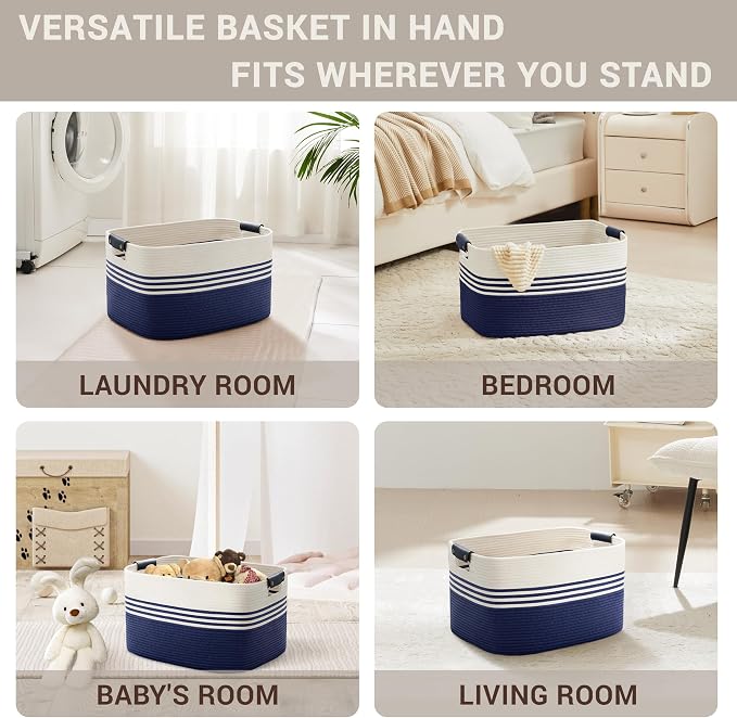 45L Small Woven Laundry Basket Hamper with Leather Handles,Navy | collapsible wicker hamper, storage for dirty clothes, toys, blankets, gifts, living room, bedroom, bathroom, 18"x14"x11"
