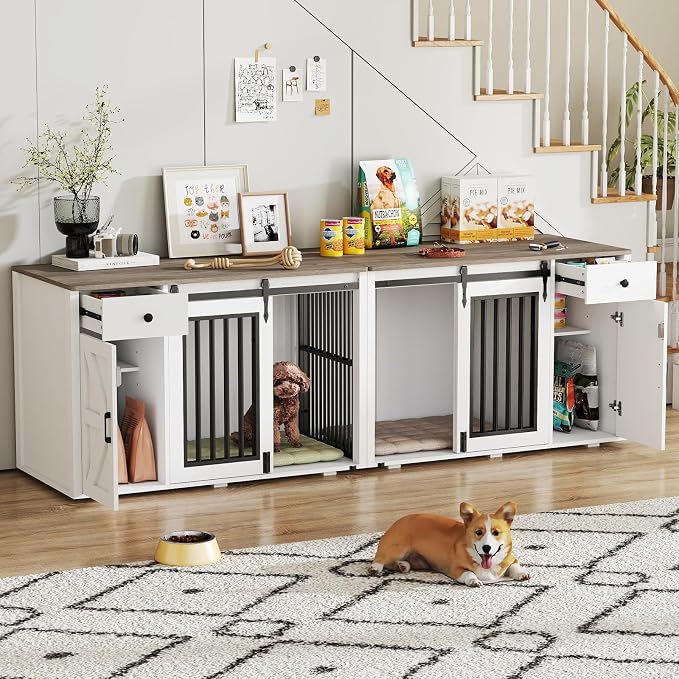 Verano Garden 88" Dog Crate Furniture, Dog Kennel Cage, White (88") | 2-in-1, Lockable, Decorative, Sliding Door, Removable Divider, Adjustable Shelf, Farmhouse, Heavy Duty, Small Medium Dogs