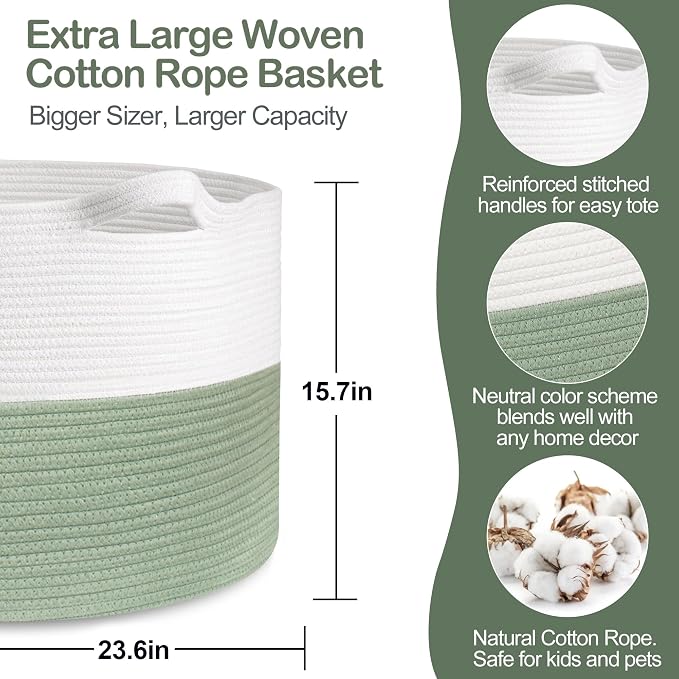 MEGASKET 115L Extra Large Blanket Basket, Kids Dog Toy Storage Bin Box, Nursery Baby Toddler Toy Organizer, Soft Cotton Rope Woven Bin, XXXL Jumbo Basket for Blankets for Living Room, 23.6"x15.7"