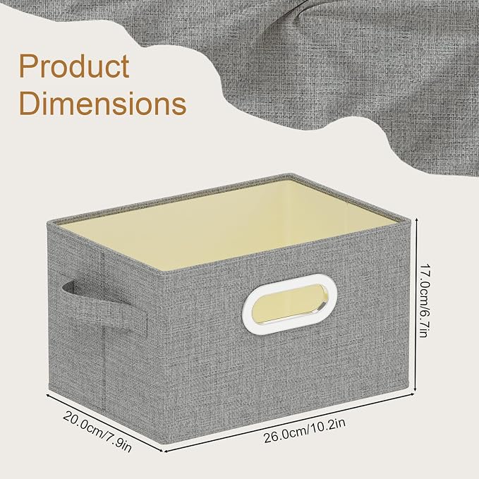Washable Storage Box with Fabric Handle,Grey,10.2x7.9x6.7in,4 Pack | Open Storage Bins with Metal Grips,Moisture-Proof PP Board Closet Organizers,Foldable Cloth Baskets for Garment Cabinet