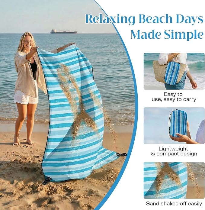 OIGAE Beach Blanket Waterproof Sandproof Oversized Beach Mat | Picnic Mat with Stakes, Storage Bag - Essentials for Outdoor Beach, Picnic,Quick-Dry Lightweight,Windproof Pockets