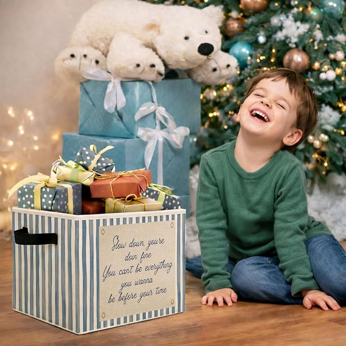 Slow Down Blue Stripe Foldable Fabric Storage Bin for Kids Toys & Clothes | Positive quote, blue stripe design; collapsible bin for organizing toys, books, clothes in nursery, bedroom or playroom.