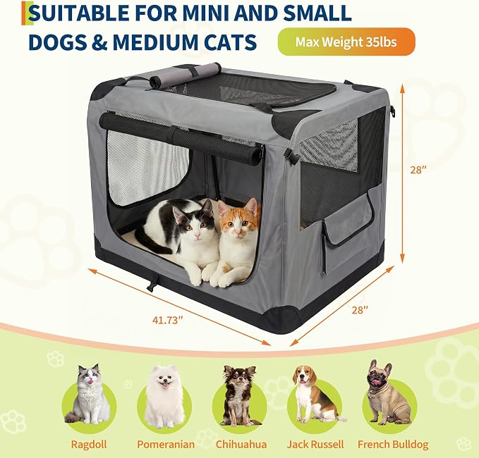 42 Inch Soft Dog Crate Collapsible 3-Door Travel Kennel for Large Dogs, Portable Pet Cage, Fleece Bed, Storage Pocket & Safety Zippers, Indoor Outdoor Car Use Dog Crate