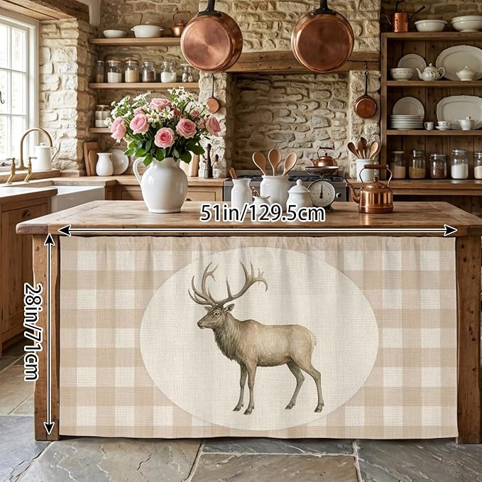 Majestic Buck Cabinet Curtains 28"x51" Sink Skirt for Bathroom Kitchen, Vintage Natural Buck Rustic Linen Plaid Self Stick Adhesive Under Desk Covers Tall Laundry Cabinet Storage Organizer