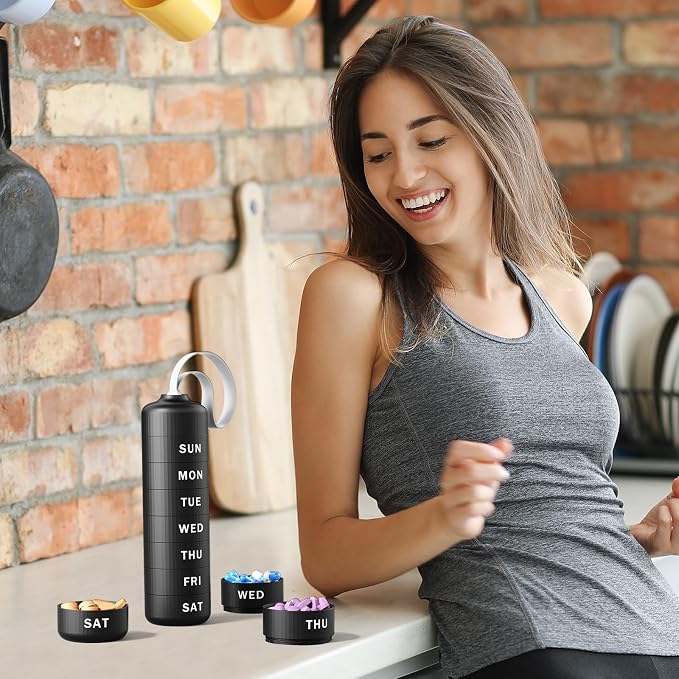 Betife Travel Pill Organizer, 7 Day Stackable Weekly Pill Case - Black | Daily Pill Container with 7 Large Stackable Compartments, Sturdy ABS Snap-lock, No Metal-on-Metal Friction, Portable Pill Box