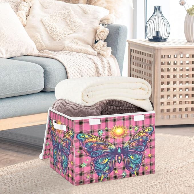 Fabric Storage Bins with Lid Butterfly Closet Bedroom 40L Storage Basket | Decorative Storage Boxes, 300D Oxford Cloth, Hollow Board Frame, Flip Top Velcro Lid, 16.5x12.6x11.8 inch, Collapsible Design