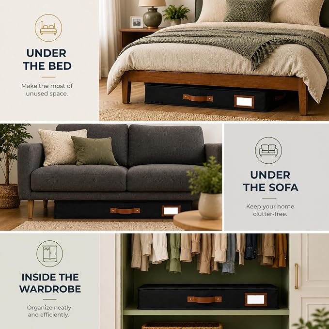 HOMELUX THEORY Under Bed Storage, Large 2pc with Lid, Black | Drawer-style pull-out design, Fits blankets, clothes, fabric & shoes, Bins with lids, Bedroom & closet storage