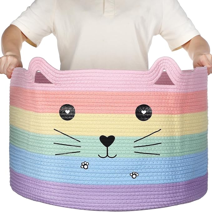 Zopeal Cat Storage Basket Woven Organizer with Ears Decorative Gift Cute Cotton Rope Pet Toy Basket for Gift Cat Dog Toy Bin Nursery Room(21.7 x 13.8 Inch,Macaron Color)