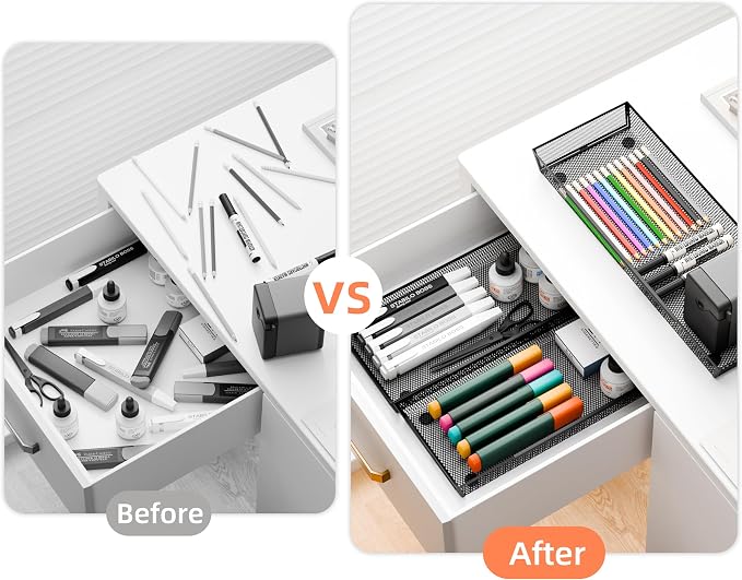 Mesh Tray Silverware Drawer Organizer Utensil Cutlery Tray Office Supplies Organizer for Flatware, Knives,Home,Office, School,Bedroom 15X6'' Black