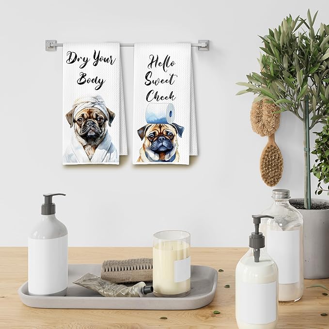 Funny Pug Dog Hand Towels for Bathroom Washroom, Gifts for Pug Lovers Women Men, Dog Bathroom Decor, 16x24 Inch Set of 4