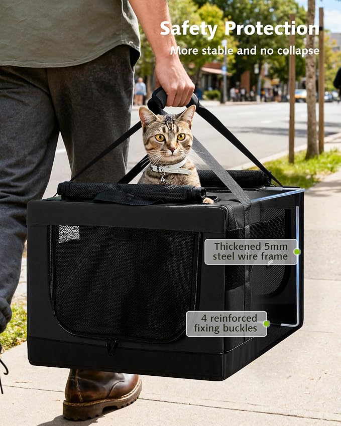Pecute Cat Carrier, Soft Double Pet Crate for 2 Cats Travel, Dark Gray | Anti-Collapse Steel Frame, Convertible Dual Space, Foldable, Polyester Breathable mesh, Up to 26 lbs, Car Travel & Vet Visits