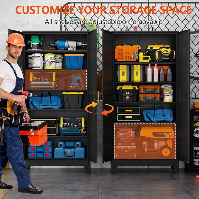 GAIOUS 75'' Tall Metal Garage Storage Cabinet, File Cabinet with 2 Doors and 5 Adjustable Shelves, Black Outdoor Steel Tool Cabinets for Home Office,Warehouse,Garage