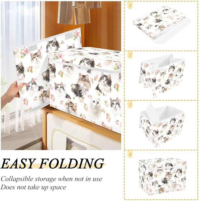 Cartoon American Curl Cats White Storage Containers Storage Organizer Bins With Lid for Sheet Kids Room