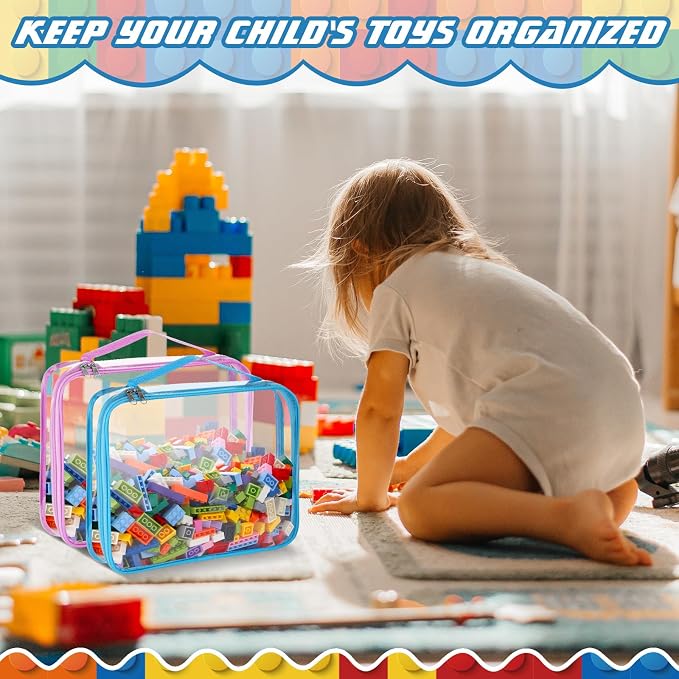 Sanwuta 6 Packs Toy Storage Bags with Zipper,Large,Cute Colors | Clear Waterproof Games Storage， Large Portable PVC Container， Reusable Organizer for Board Games, Building Blocks, Puzzles